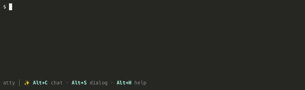 atty inline #: AI — type intent after #:, trigger the dialog, and the model writes a reviewed shell command (here `uname -sm`); run it and atty reports done — the footer stays visible throughout